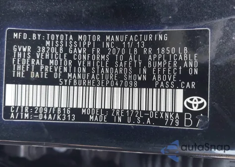 2014 Toyota Corolla Le from USA, damaged, VIN 5YFBURHE3EP047098